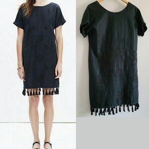 Madewell black linen embroidered fringe dress